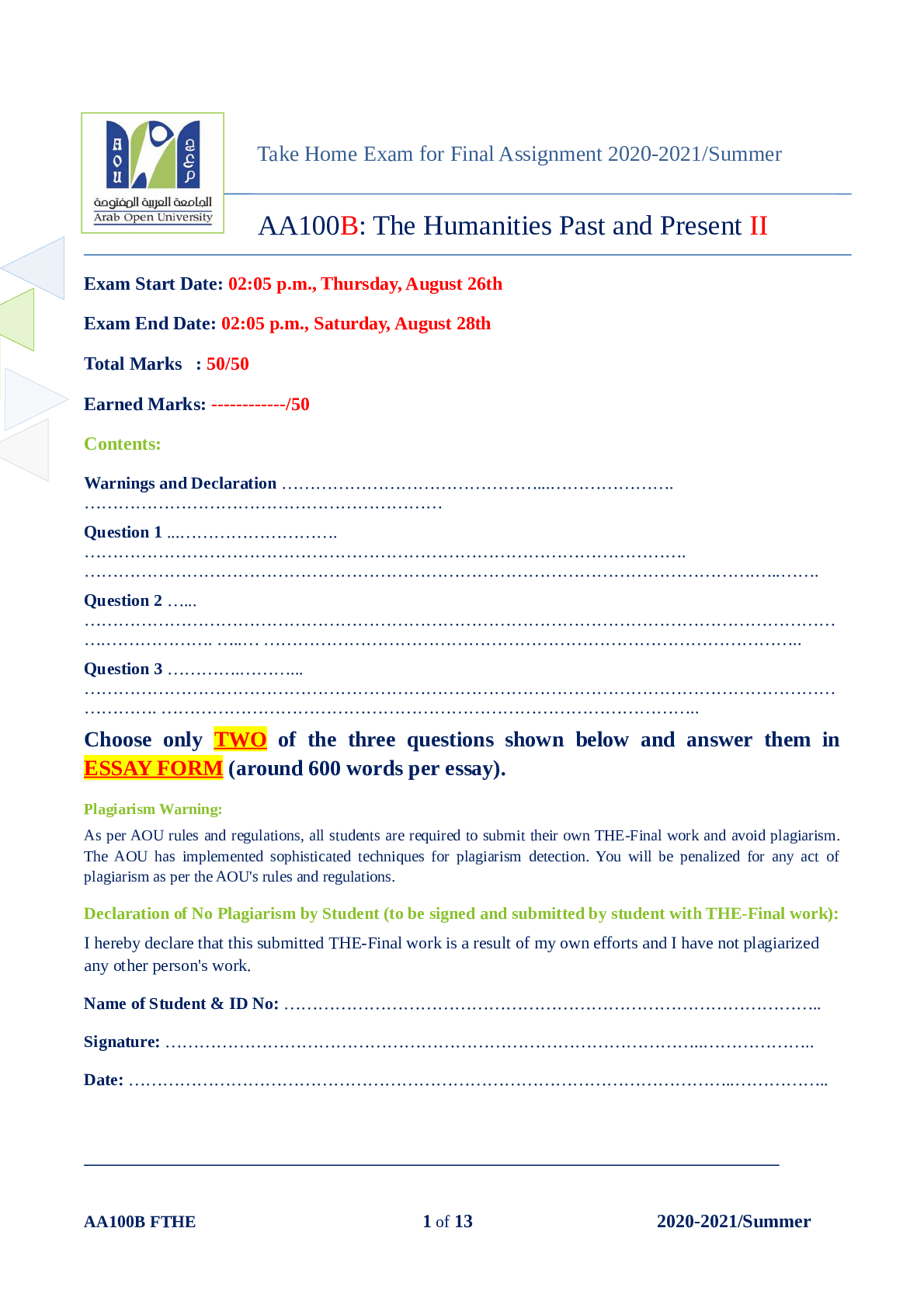 Preview image for AA100B The Humanities Past and Present II Exam 2021